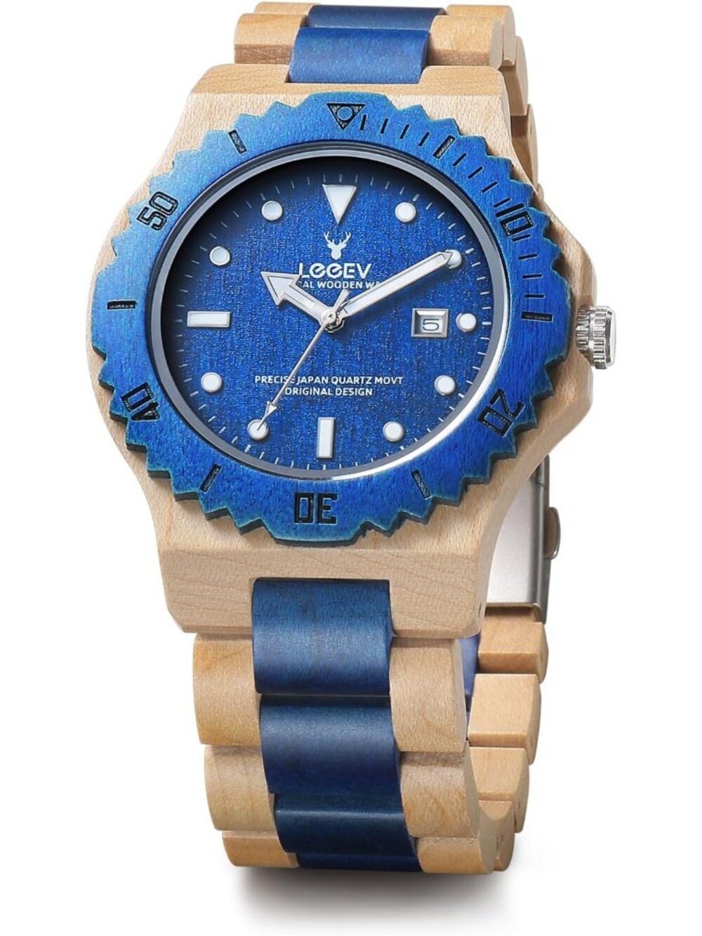 Men's Blue Handcrafted Sandalwood Vintage Calendar Analog Wrist Wooden Watch